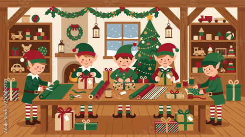 Christmas elves wrapping gifts in Santa workshop scene