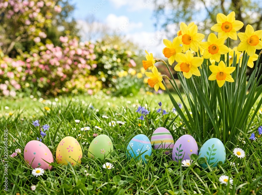 Fototapeta premium Colorful easter eggs and yellow daffodils arranged on a lush green spring lawn