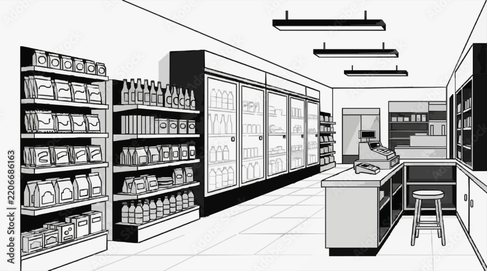 Obraz premium Elegant Convenience Store Interior with Shelves and Checkout Counter