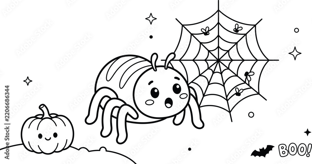Fototapeta premium Cute Spider and Pumpkin Halloween Vector Illustration with Cobweb and Boo Text for Holiday Greeting Card Design
