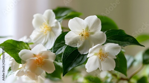 White jasmine flowers bloom gracefully among lush green leaves under soft natural light  creating a serene botanical composition