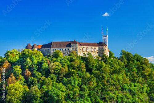 Ljubljana Castle on the hill over City Center, Ljubljana, capital of Slovenia 