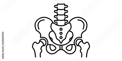 Human pelvic bone anatomy icon in black outline for medical and orthopaedic diagnostics.