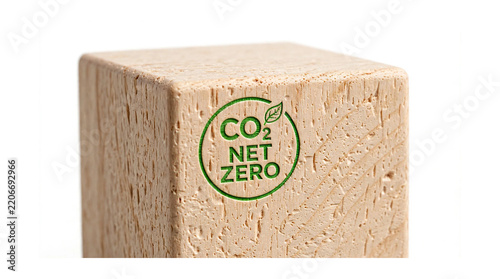 Close Up Wooden CO2 Net Zero Block On Solid White Background