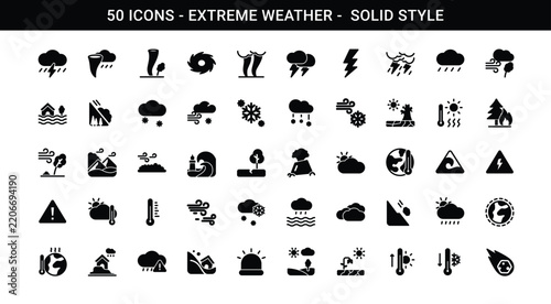 Solid Extreme Weather Icon Set with Storm Tornado and Flood for Climate