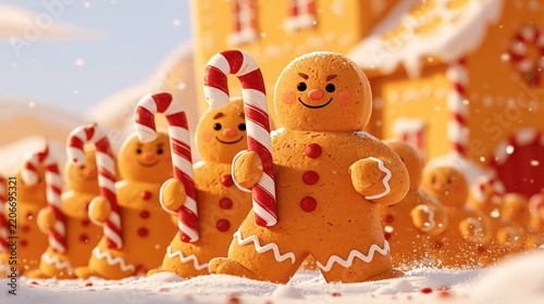 Gingerbread men soldiers standing in a snowy landscape, holding candy canes, ready for festive holiday adventures