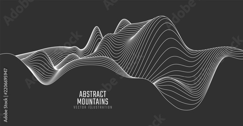 Contour mountain landscape. Waved line art. Abstract minimal topographic map. Contour lines with elevations and terrain depth. Vector illustration.