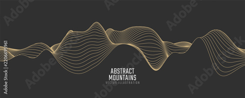 Contour mountain landscape. Waved line art. Abstract minimal topographic map. Contour lines with elevations and terrain depth. Vector illustration.