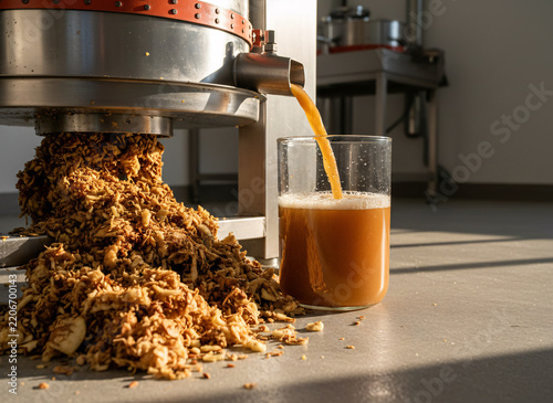 Apple pomace and fresh juice at the press, everything clean and newly maintained, warm low-angle light with long shadows