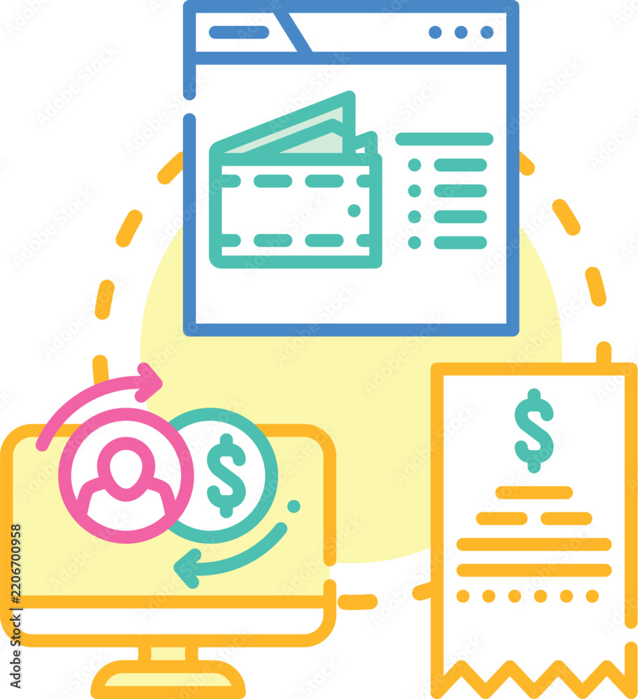 Fototapeta premium Digital payment method vector illustration encompassing mobile banking, online shopping, and e commerce transactions for consumer goods, showing convenience in modern business