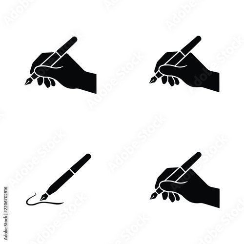 Silhouettes of hands holding quill pens depict writing and calligraphy on a white background pen hand