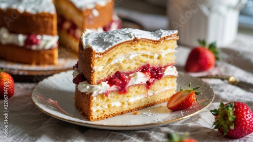 British cuisine. Victoria Sponge Cake. A classic two‑layer sponge cake with a layer of delicate buttercream and strawberry jam, generously sprinkled with powdered sugar.
