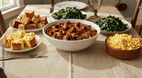 A delicious traditional soul food spread on a dining table including chitterlings, cornbread, collard greens, and corn