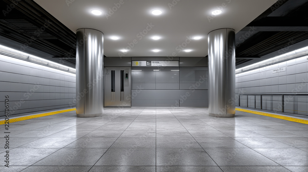 Obraz premium Empty subway station platform, modern architecture, stainless steel columns, bright lighting, clean, urban, quiet atmosphere