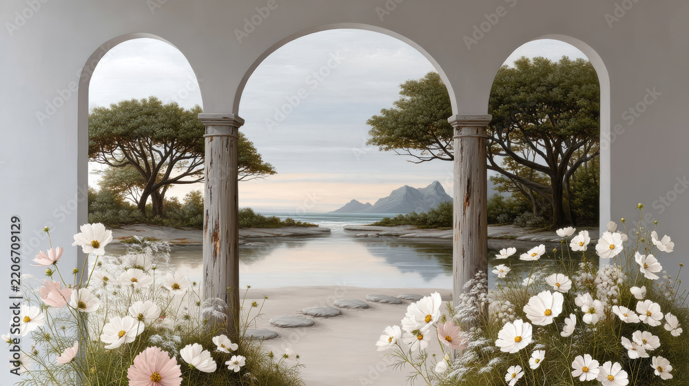 Obraz premium Serene garden with white flowers, stone path, arched columns, tranquil lake, distant mountains, soft sunrise