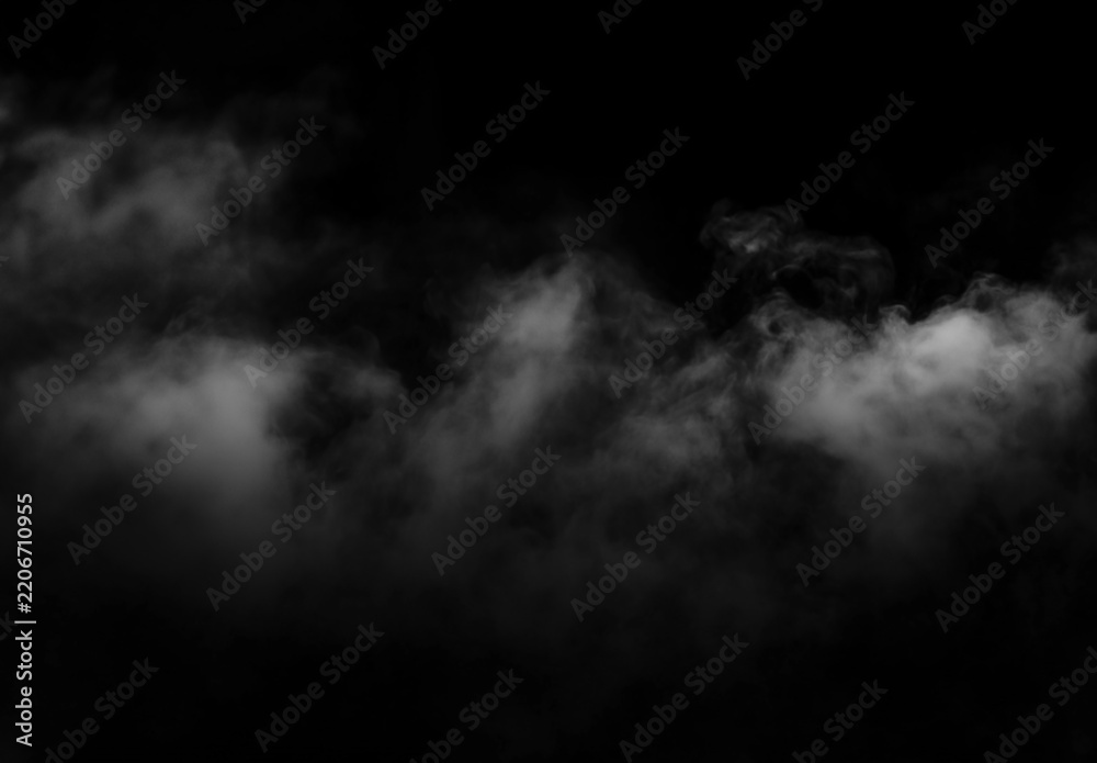 Fototapeta premium Wisps of white smoke or fog drifting against a deep black background, creating an eerie and mysterious atmosphere