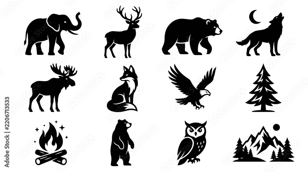Obraz premium Collection of wild animal silhouettes for nature icons