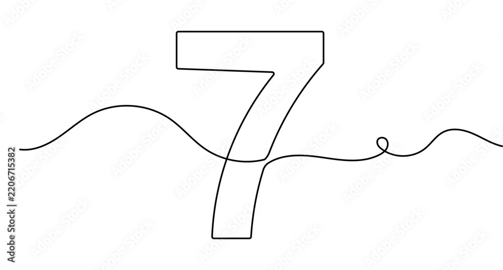 Obraz premium Number 7 line art showing a continuous single line drawing of digit seven. Features editable stroke vector.