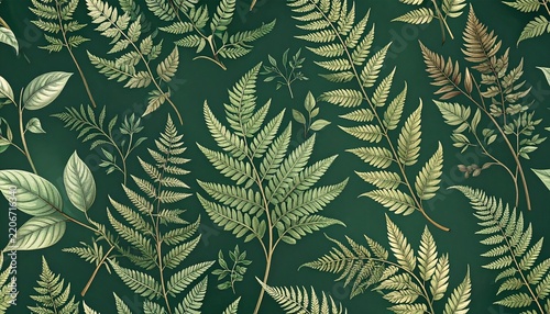 Luxurious vintage botanical wallpaper featuring intricate green fern leaves and delicate branches on a dark background for elegant home decor