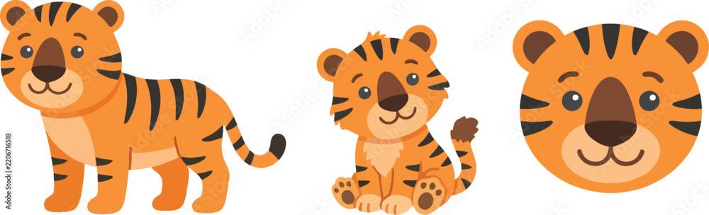 Obraz premium Set of cute cartoon tiger illustrations featuring standing sitting and portrait poses.