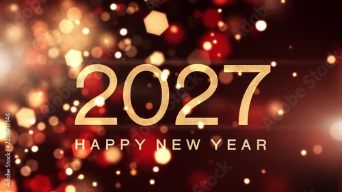 Seamless loop, Happy New Year 2027 glowing text on red and gold sparkling particle background.