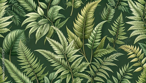 Seamless Botanical Pattern Featuring Detailed Lush Green Fern Fronds and Intricate Foliage Elements for Nature Inspired Interior Design