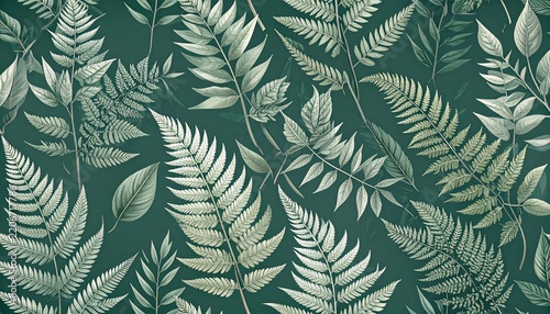 Monochromatic botanical pattern of lush fern fronds and elegant diverse foliage on a dark green background, creating a serene and intricate natural wallpaper design