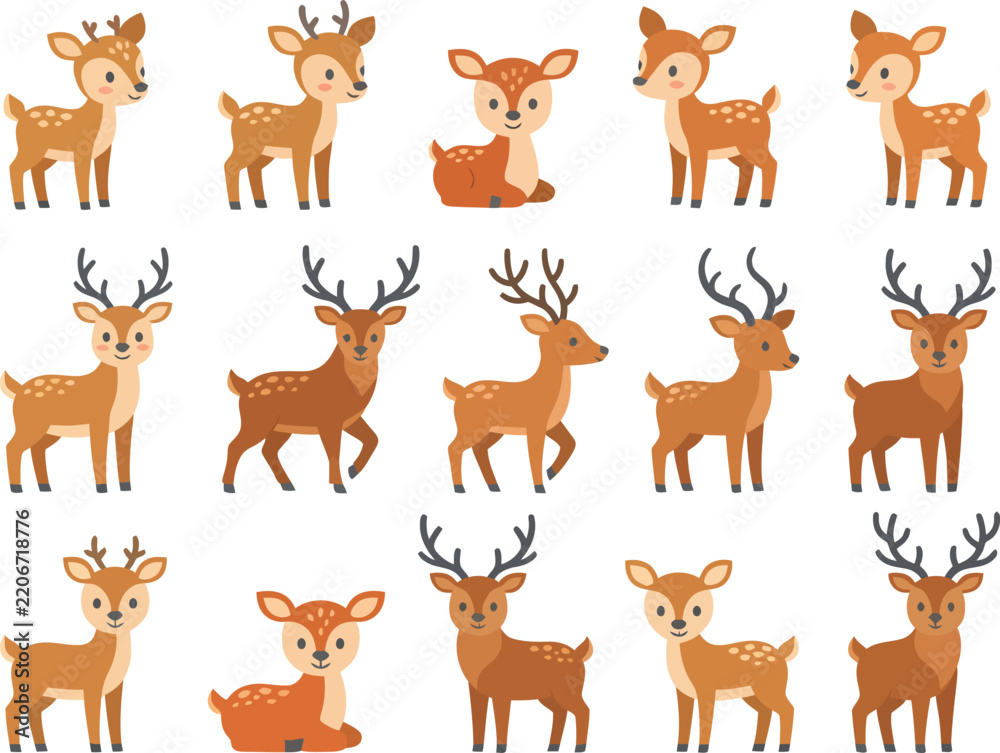 Obraz premium A collection of cute cartoon deer illustrations featuring various poses and expressions.