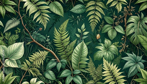 Elegant vintage botanical illustration of lush tropical leaves featuring ferns and eucalyptus branches on a dark green forest background