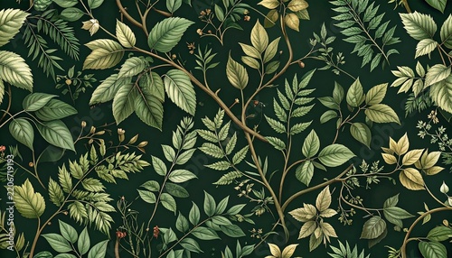 Dark Academia Botanical Wallpaper featuring Intricate Overlapping Green Leaves and Wild Forest Foliage for Vintage Interior Design