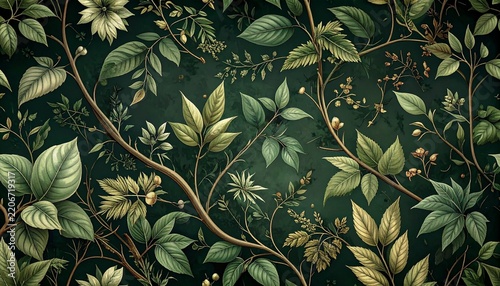 Dark Academia Botanical Wallpaper Featuring Intricate Overlapping Leaves and Wild Forest Foliage in Deep Moody Green Tones