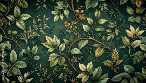 Elegant seamless botanical pattern of thin branches and small sage leaves on dark vintage background