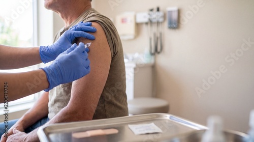 Healthcare Professional Giving Seasonal Flu Shot To Adult Patient In Bright Medical Clinic
