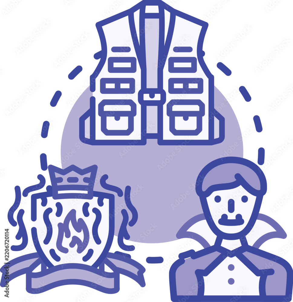 Obraz premium Home comfort vector emblem showing a burning fireplace, a wooden block structure, and a stylish trench coat, creating a feeling of warmth and classic style
