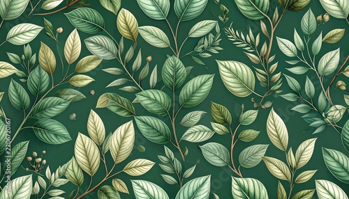Seamless botanical pattern with vintage engraved leaves and delicate branches on deep green background