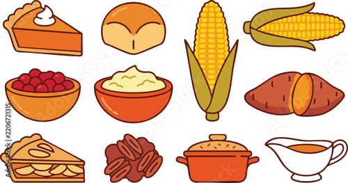 Thanksgiving food and holiday dinner vector icon set with pumpkin pie