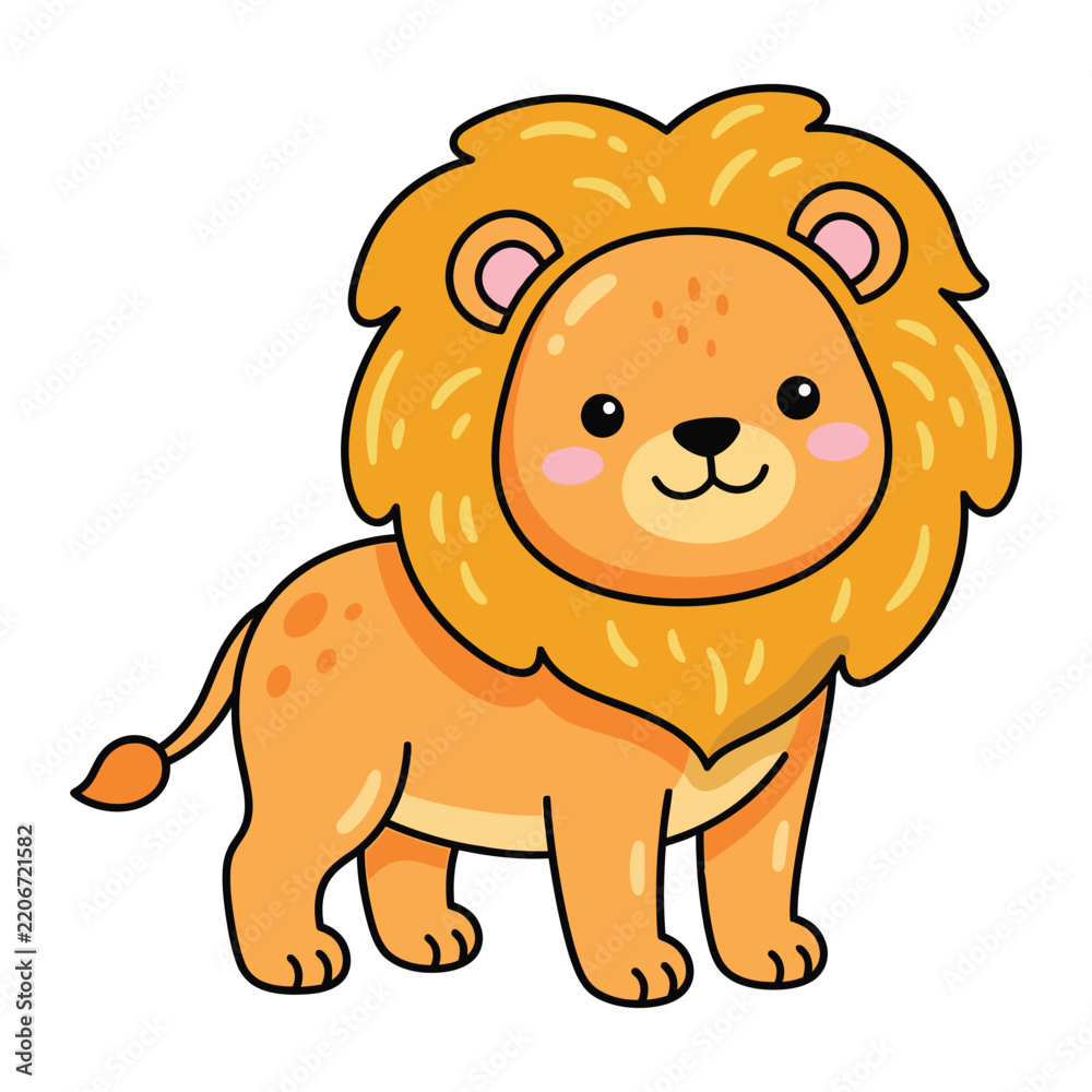 Fototapeta premium Cute cartoon lion cub with fluffy golden mane and pink cheeks, standing, kawaii vector illustration