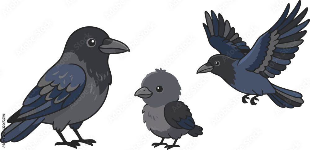 Obraz premium A family of three black crows depicted in a charming cartoon illustration style.