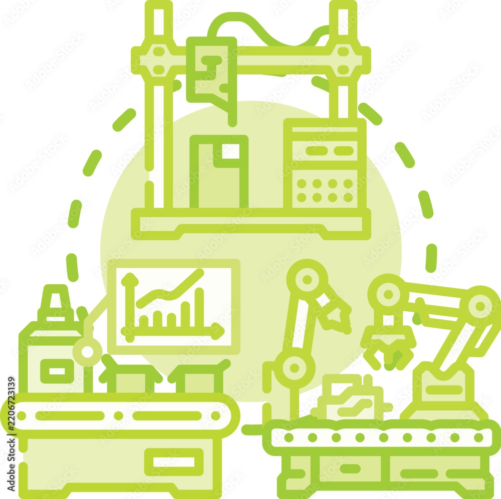 Fototapeta premium Industrial fabrication process vector concept showing semiconductor wafer manufacturing with microchips, technology components, and an assembly of people observing innovation