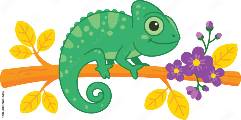 Obraz premium A cute cartoon green chameleon perched on a branch with purple flowers and yellow leaves.