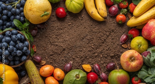 A creative layout displaying diverse fruits arranged on agricultural backgrounds, highlighting agro industry initiatives with sufficient copy space for professional content