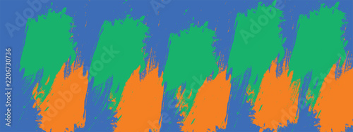 Abstract green and orange paint splashes repeating in a row on a blue background