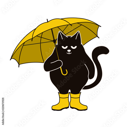 Autumn. Vector illustration of Black Cat with yellow Umbrella and rubber boots isolated transparent background. Perfect for Autumn child art t-shirt print and Autumnal clothes decor. EPS 10