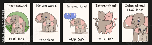 World Hug Day. Vector adorable Elephant hugs with mother and bold message. Cute Hugging Elephants. EPS10