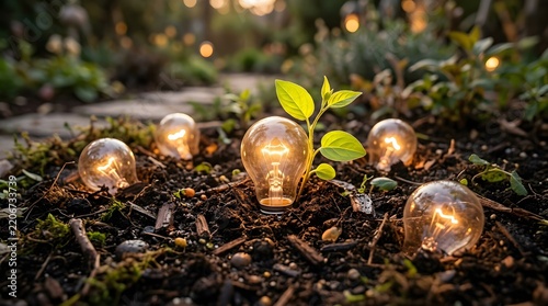 Light Bulbs and Green Plant Sprout Growing in Soil Representing Sustainable Energy and Innovation