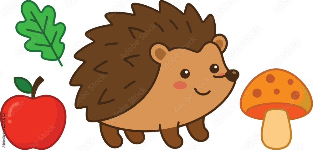 Obraz premium A cute cartoon hedgehog standing next to an apple a green leaf and a mushroom.