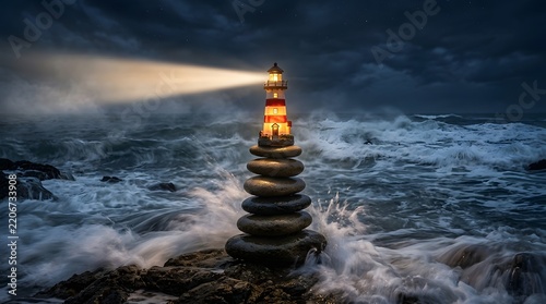 Conceptual Miniature Lighthouse atop Balanced Zen Stones in a Stormy Ocean with Glowing Searchlight