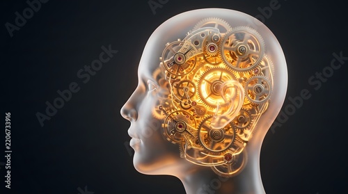 Futuristic Human Head with Glowing Golden Clockwork Gears Representing AI and Complex Human Mind