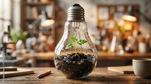 Green Plant Sprout Growing Inside Light Bulb on Wooden Desk - Sustainability Concept