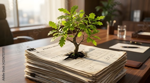 Oak Tree Sapling Growing from Business Agreements Symbolizing Sustainable Growth and ESG Success